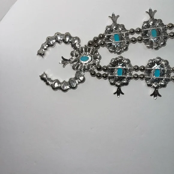 Silver tone squash blossom necklace with rhinestones & faux turquoise - Picture 11 of 13